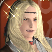 Portrait of Dragoon Quest, a beautiful Hyur Midlander man with long blond hair and purple eyes. In this portrait, he is shown grinning confidently, and arching his eyebrow, in true "Dreamworks Face" fashion.